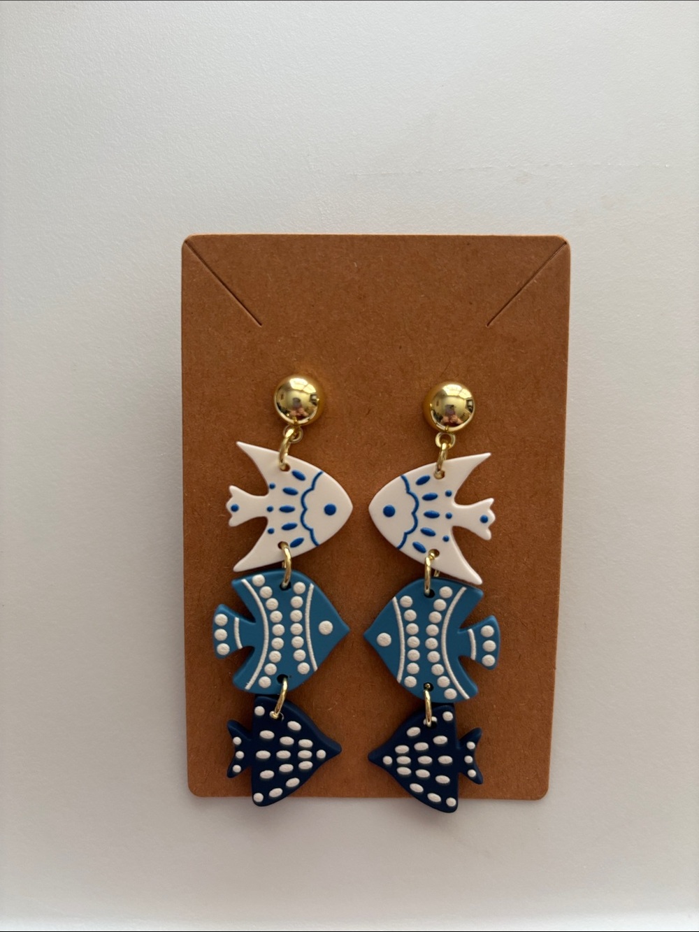 Fashion Jewelry Blue & White Layered Fish Dangle Earrings - Picture 3 of 4